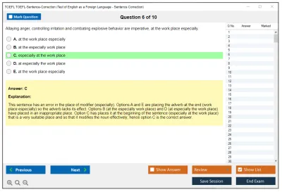 TOEFL TOEFL-Sentence-Correction Test of English as a Foreign Language - Sentence Correction Practice test exam simulator test engine exam Prep practice test questions answers Image 6