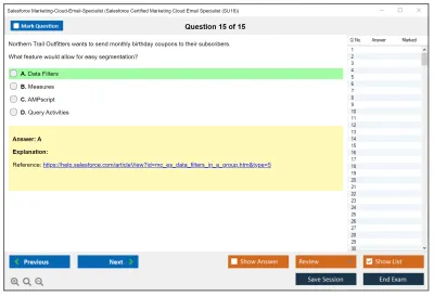 Salesforce Marketing-Cloud-Email-Specialist Salesforce Certified Marketing Cloud Email Specialist Practice test exam simulator test engine exam Prep practice test questions answers Image 15
