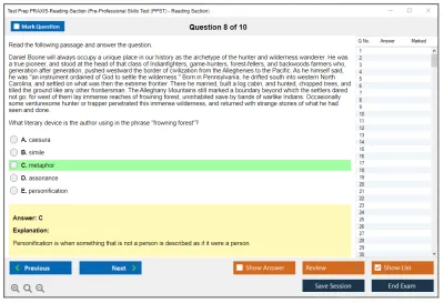 Test Prep PRAXIS-Reading-Section Pre-Professional Skills Test (PPST) - Reading Section Practice test exam simulator test engine exam Prep practice test questions answers Image 8