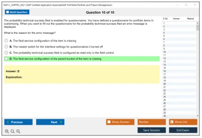 SAP C_S4PPM_2021 SAP Certified Associate - SAP S/4HANA Portfolio and Project Management Practice test exam simulator test engine exam Prep practice test questions answers Image 10