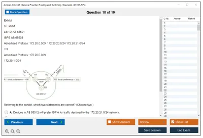 Juniper JN0-363 Service Provider Routing and Switching, Specialist (JNCIS-SP) Practice test exam simulator test engine exam Prep practice test questions answers Image 10