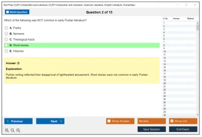 Test Prep CLEP-Composition-and-Literature CLEP Composition and Literature: American Literature, English Literature, Humanities Practice test exam simulator test engine exam Prep practice test questions answers Image 2