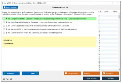Oracle 1z0-931-20 Oracle Autonomous Database Cloud 2020 Specialist Practice test exam simulator test engine exam Prep practice test questions answers Image 8