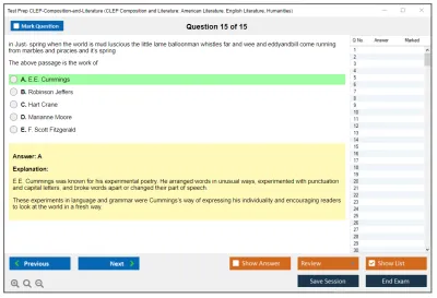 Test Prep CLEP-Composition-and-Literature CLEP Composition and Literature: American Literature, English Literature, Humanities Practice test exam simulator test engine exam Prep practice test questions answers Image 15