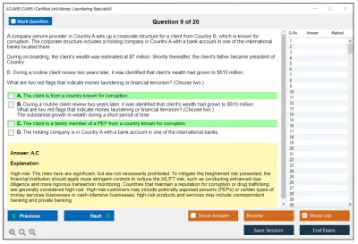 ACAMS CAMS Certified Anti-Money Laundering Specialist (6th Edition) Practice test exam simulator test engine exam Prep practice test questions answers Image 9