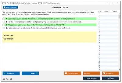 SAP C_TS413_2020 SAP Certified Application Associate - SAP S/4HANA Asset Management Practice test exam simulator test engine exam Prep practice test questions answers Image 1