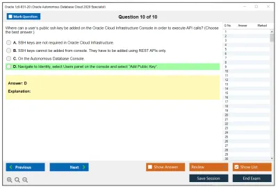 Oracle 1z0-931-20 Oracle Autonomous Database Cloud 2020 Specialist Practice test exam simulator test engine exam Prep practice test questions answers Image 10