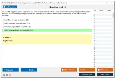 SAP C_TS422_2021 SAP Certified Associate - SAP S/4HANA Production Planning and Manufacturing Practice test exam simulator test engine exam Prep practice test questions answers Image 10