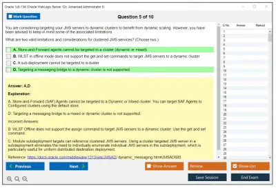 Oracle 1z0-134 Oracle WebLogic Server 12c: Advanced Administrator II Practice test exam simulator test engine exam Prep practice test questions answers Image 5