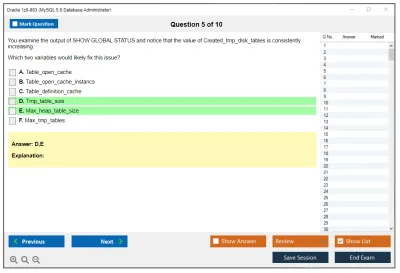 Oracle 1z0-883 MySQL 5.6 Database Administrator Practice test exam simulator test engine exam Prep practice test questions answers Image 5
