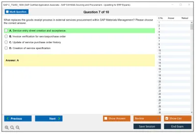 SAP C_TS450_1909 SAP Certified Application Associate - SAP S/4HANA Sourcing and Procurement - Upskilling for ERP Experts Practice test exam simulator test engine exam Prep practice test questions answers Image 7