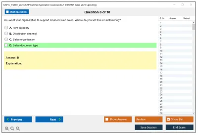 SAP C_TS460_2021 SAP Certified Associate - SAP S/4HANA Sales 2021 Upskilling Practice test exam simulator test engine exam Prep practice test questions answers Image 8