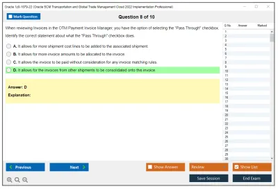 Oracle 1z0-1079-22 Oracle SCM Transportation and Global Trade Management Cloud 2022 Implementation Professional Practice test exam simulator test engine exam Prep practice test questions answers Image 8