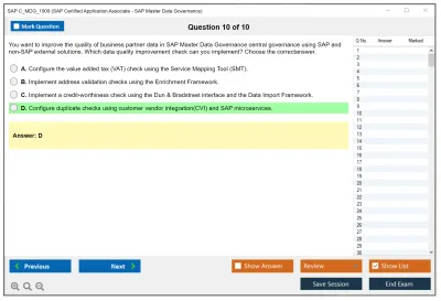 SAP C_MDG_1909 SAP Certified Associate - SAP Master Data Governance Practice test exam simulator test engine exam Prep practice test questions answers Image 10