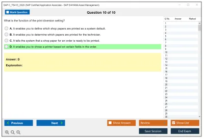 SAP C_TS413_2020 SAP Certified Application Associate - SAP S/4HANA Asset Management Practice test exam simulator test engine exam Prep practice test questions answers Image 10