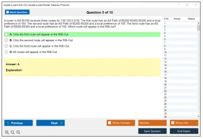 Alcatel-Lucent 4A0-102 Nokia Border Gateway Protocol Practice test exam simulator test engine exam Prep practice test questions answers Image 5