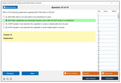 Alcatel-Lucent 4A0-102 Nokia Border Gateway Protocol Practice test exam simulator test engine exam Prep practice test questions answers Image 10