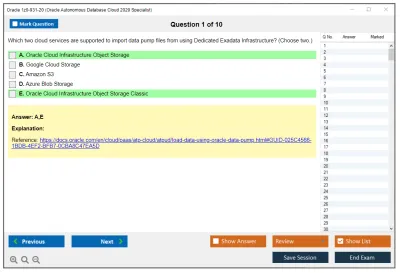 Oracle 1z0-931-20 Oracle Autonomous Database Cloud 2020 Specialist Practice test exam simulator test engine exam Prep practice test questions answers Image 1