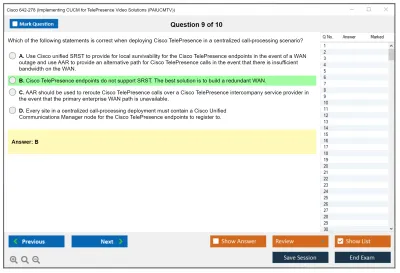Cisco 642-278 Implementing CUCM for TelePresence Video Solutions (PAIUCMTV) Practice test exam simulator test engine exam Prep practice test questions answers Image 9