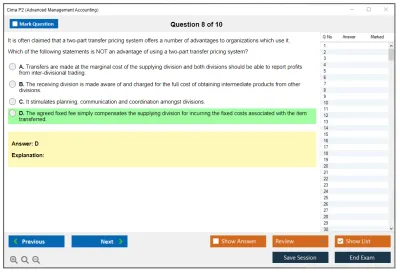 Cima P2 Advanced Management Accounting Practice test exam simulator test engine exam Prep practice test questions answers Image 8
