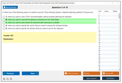 Oracle 1z0-1079-20 Oracle SCM Transportation and Global Trade Management Cloud 2020 Implementation Essentials Practice test exam simulator test engine exam Prep practice test questions answers Image 5