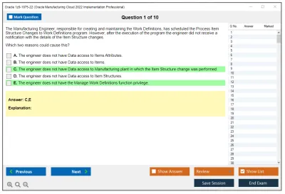 Oracle 1z0-1075-22 Oracle Manufacturing Cloud 2022 Implementation Professional Practice test exam simulator test engine exam Prep practice test questions answers Image 1