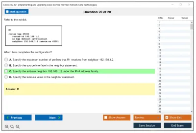 Cisco 350-501 Implementing and Operating Cisco Service Provider Network Core Technologies (350-501 SPCOR) Practice test exam simulator test engine exam Prep practice test questions answers Image 20