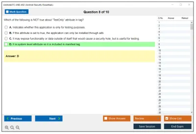 Android AND-402 Android Security Essentials Practice test exam simulator test engine exam Prep practice test questions answers Image 8