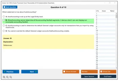 Oracle 1z0-1056 Oracle Financials Cloud: Receivables 2019 Implementation Essentials Practice test exam simulator test engine exam Prep practice test questions answers Image 6