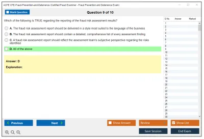 ACFE CFE-Fraud-Prevention-and-Deterrence Certified Fraud Examiner - Fraud Prevention and Deterrence Exam Practice test exam simulator test engine exam Prep practice test questions answers Image 9