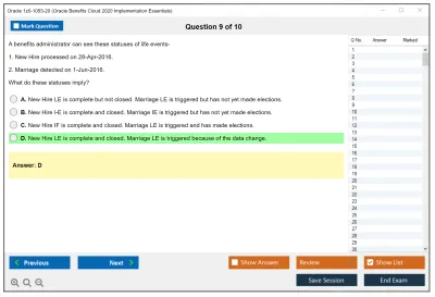 Oracle 1z0-1053-20 Oracle Benefits Cloud 2020 Implementation Essentials Practice test exam simulator test engine exam Prep practice test questions answers Image 9