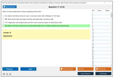 Test Prep TEAS-Test Test of Essential Academic Skills: Reading Comprehension, Sentence Correction, Math Problem Solving, Sentence Completion Practice test exam simulator test engine exam Prep practice test questions answers Image 17