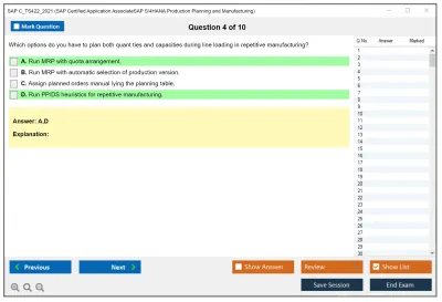 SAP C_TS422_2021 SAP Certified Associate - SAP S/4HANA Production Planning and Manufacturing Practice test exam simulator test engine exam Prep practice test questions answers Image 4