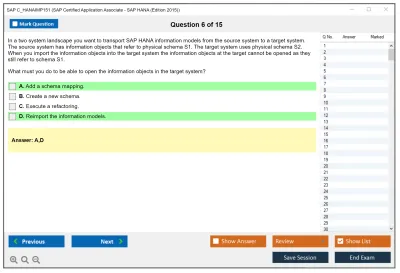 SAP C_HANAIMP151 SAP Certified Application Associate - SAP HANA (Edition 2015) Practice test exam simulator test engine exam Prep practice test questions answers Image 6