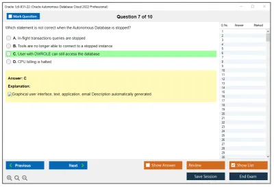 Oracle 1z0-931-22 Oracle Autonomous Database Cloud 2022 Professional Practice test exam simulator test engine exam Prep practice test questions answers Image 7