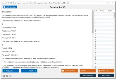 Microsoft DP-420 Designing and Implementing Cloud-Native Applications Using Microsoft Azure Cosmos DB Practice test exam simulator test engine exam Prep practice test questions answers Image 1