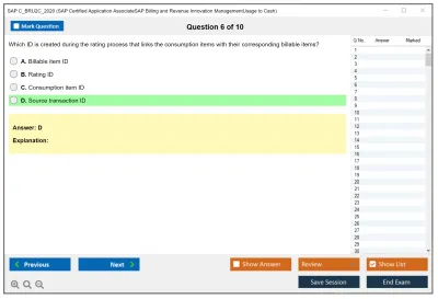 SAP C_BRU2C_2020 SAP Certified Associate - SAP Billing and Revenue Innovation Management - Usage to Cash Practice test exam simulator test engine exam Prep practice test questions answers Image 6