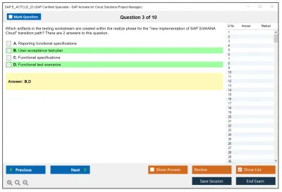 SAP E_ACTCLD_23 SAP Certified Specialist - SAP Activate for Cloud Solutions Project Manager Practice test exam simulator test engine exam Prep practice test questions answers Image 3