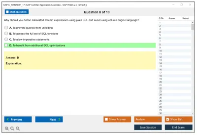 SAP C_HANAIMP_17 SAP Certified Application Associate - SAP HANA 2.0 (SPS05) Practice test exam simulator test engine exam Prep practice test questions answers Image 8