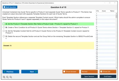 Salesforce CPQ-211 Salesforce CPQ Admin Essentials for Experienced Administrators Practice test exam simulator test engine exam Prep practice test questions answers Image 8