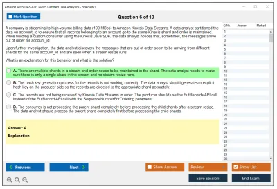 Amazon AWS DAS-C01 AWS Certified Data Analytics - Specialty Practice test exam simulator test engine exam Prep practice test questions answers Image 6