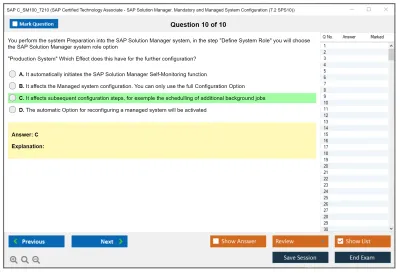 SAP C_SM100_7210 SAP Certified Technology Associate - SAP Solution Manager. Mandatory and Managed System Configuration (7.2 SPS10) Practice test exam simulator test engine exam Prep practice test questions answers Image 10