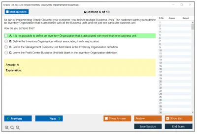 Oracle 1z0-1073-20 Oracle Inventory Cloud 2020 Implementation Essentials Practice test exam simulator test engine exam Prep practice test questions answers Image 6