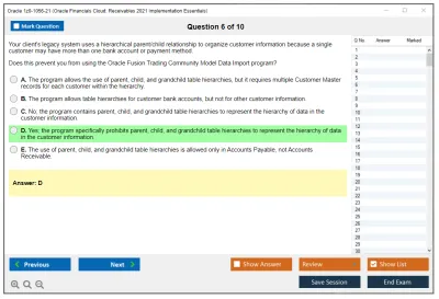 Oracle 1z0-1056-21 Oracle Financials Cloud: Receivables 2021 Implementation Essentials Practice test exam simulator test engine exam Prep practice test questions answers Image 6