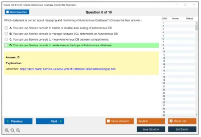 Oracle 1z0-931-20 Oracle Autonomous Database Cloud 2020 Specialist Practice test exam simulator test engine exam Prep practice test questions answers Image 6