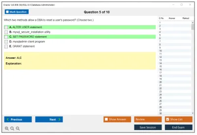 Oracle 1z0-908 MySQL 8.0 Database Administrator Practice test exam simulator test engine exam Prep practice test questions answers Image 5