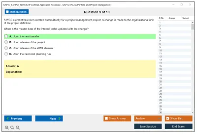 SAP C_S4PPM_1909 SAP Certified Application Associate - SAP S/4HANA Portfolio and Project Management Practice test exam simulator test engine exam Prep practice test questions answers Image 9