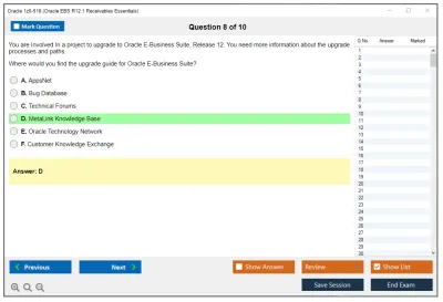Oracle 1z0-518 Oracle EBS R12.1 Receivables Essentials Practice test exam simulator test engine exam Prep practice test questions answers Image 8