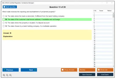 ABA CRCM Certified Regulatory Compliance Manager Practice test exam simulator test engine exam Prep practice test questions answers Image 13