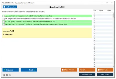 ABA CRCM Certified Regulatory Compliance Manager Practice test exam simulator test engine exam Prep practice test questions answers Image 5